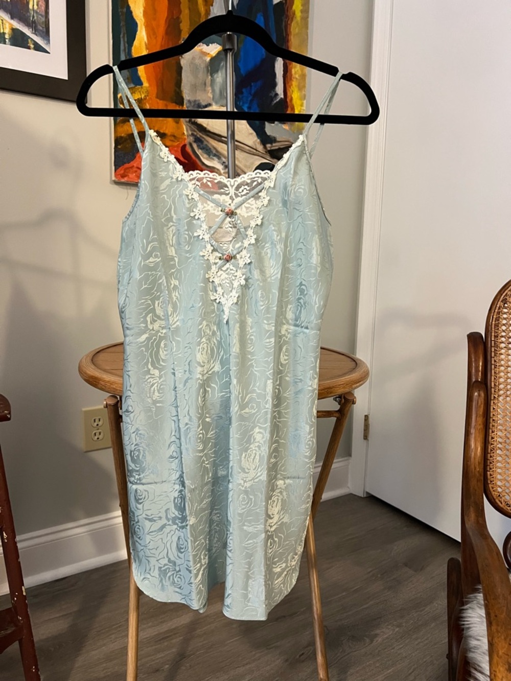 California Dynasty Lace-Trim Floral Jacquard Slip in Sage
